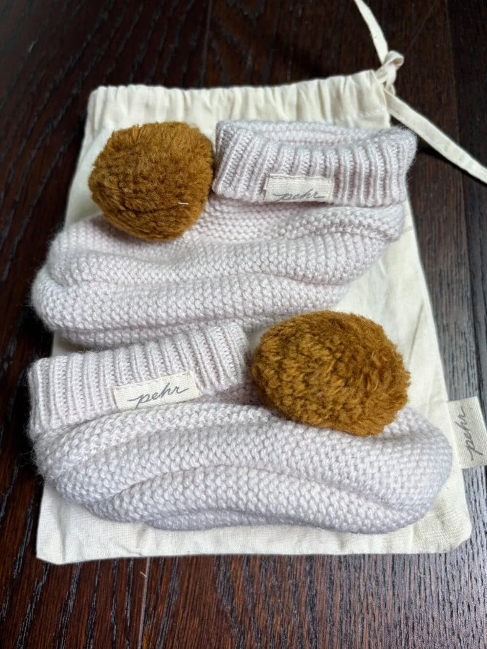 Pehr Knitted Baby Booties with Pom Pom (Beige / Mustard Yellow)